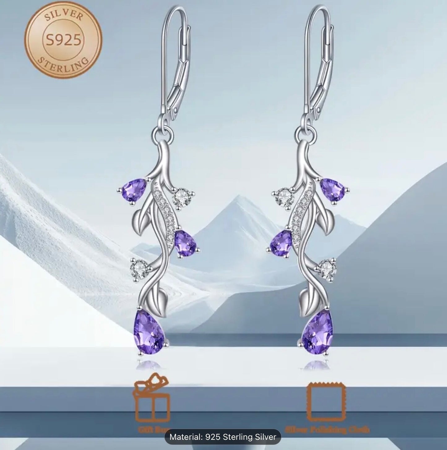 Sterling Silver Tulip Flower Teardrop Earrings Purple Cubic Zirconia Dangle Gift