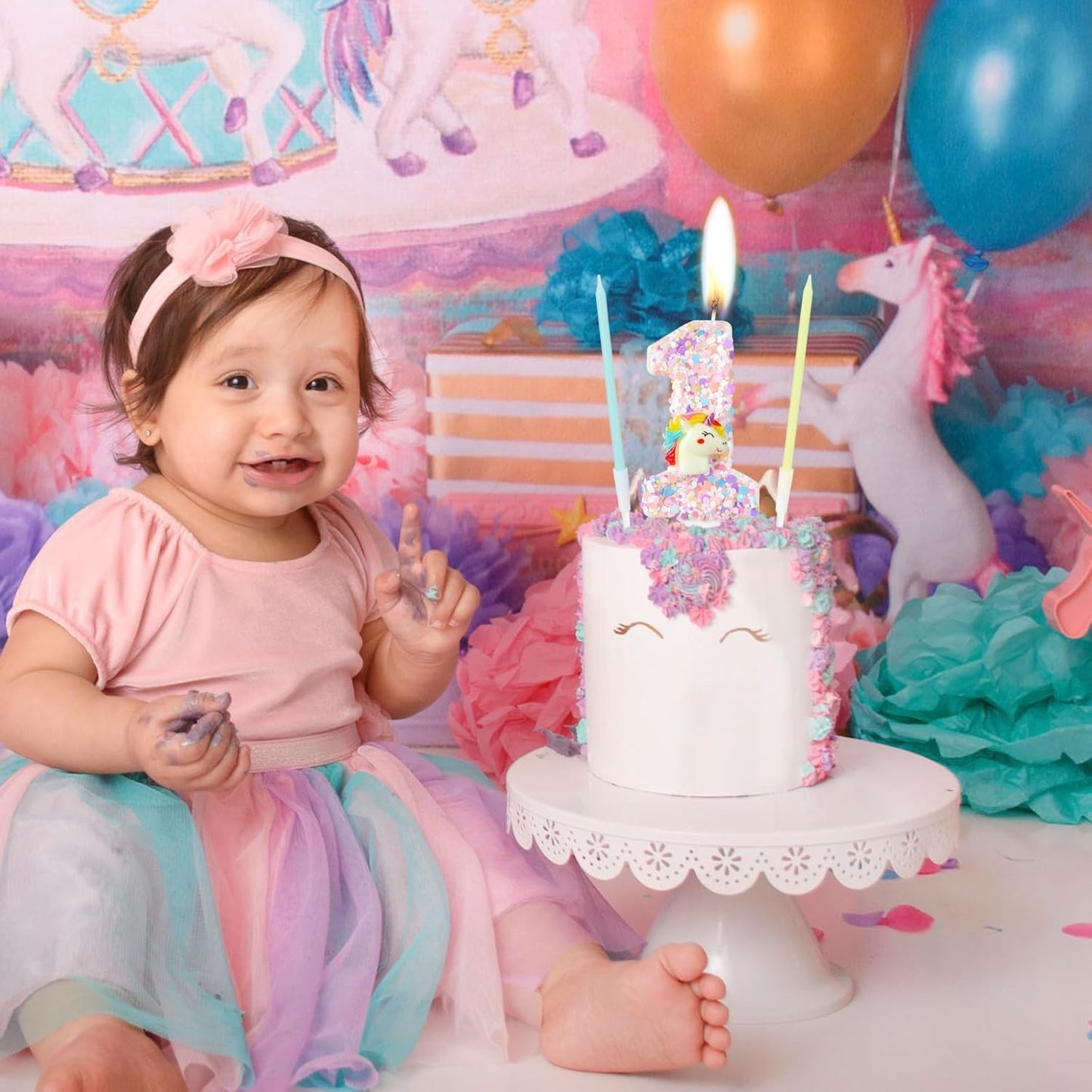 Birthday Decorations Happy Pink Number Unicorn Candles Glitter Cake Girls Party