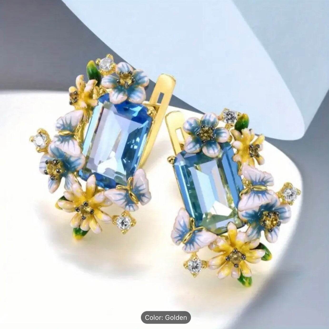 Ocean Blue Floral Drop Earrings Brass Epoxy Ocean-Blue CZ Lightweight Trendy Hoo