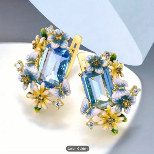 Ocean Blue Floral Drop Earrings Brass Epoxy Ocean-Blue CZ Lightweight Trendy Hoo