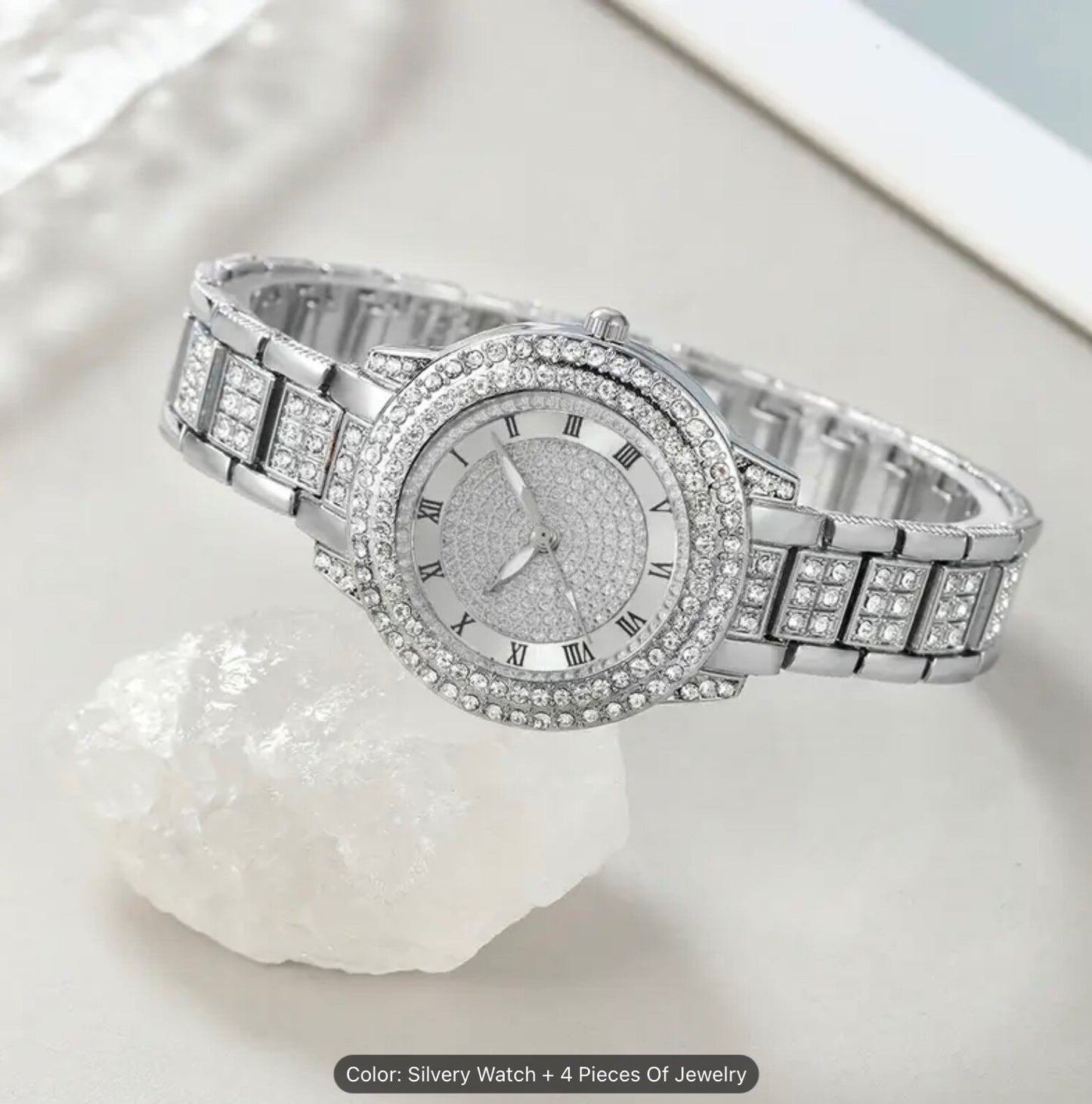 Elegant Women Girls Round Quartz Watch & 4pc Jewellery Set – Fashion Style Gift