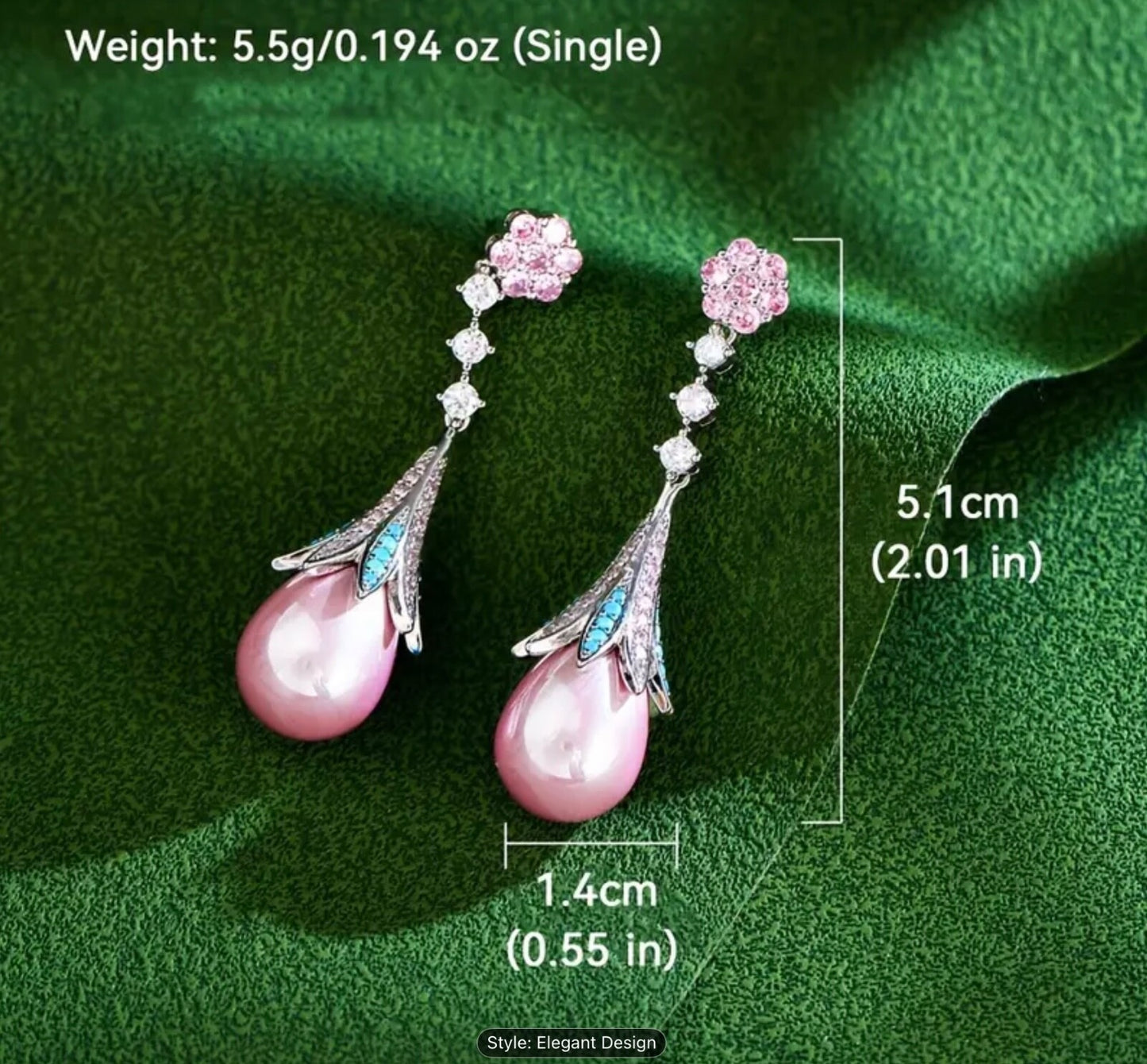 Shiny 925 Sterling Silver CZ Pink Pearl Drop Earrings Women Girls Gift Jewellery