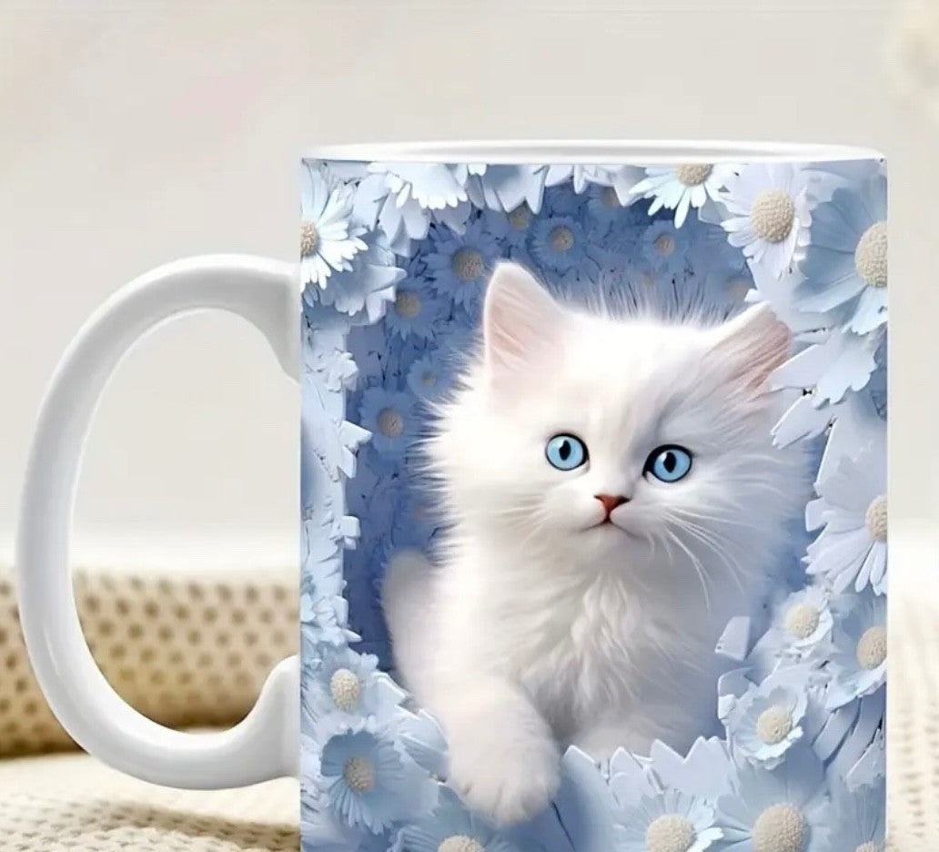3D Cat Hole in Wall Coffee Mug Tea Cup with Handle Flowers Theme Gift Reusable
