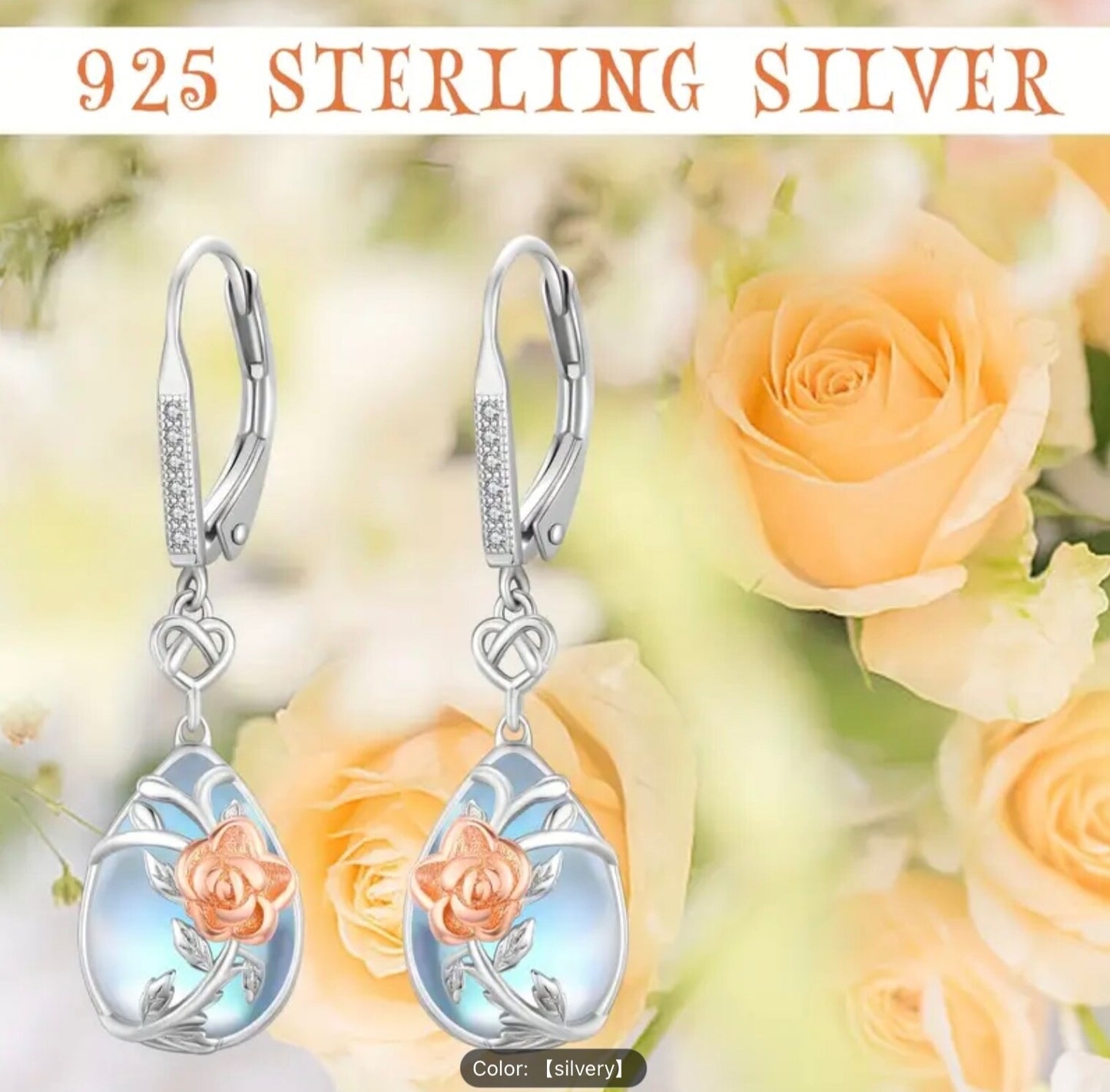 925 Silver Rose Moonstone Teardrop CZ Dangle Earrings–Women Hypoallergenic Gift
