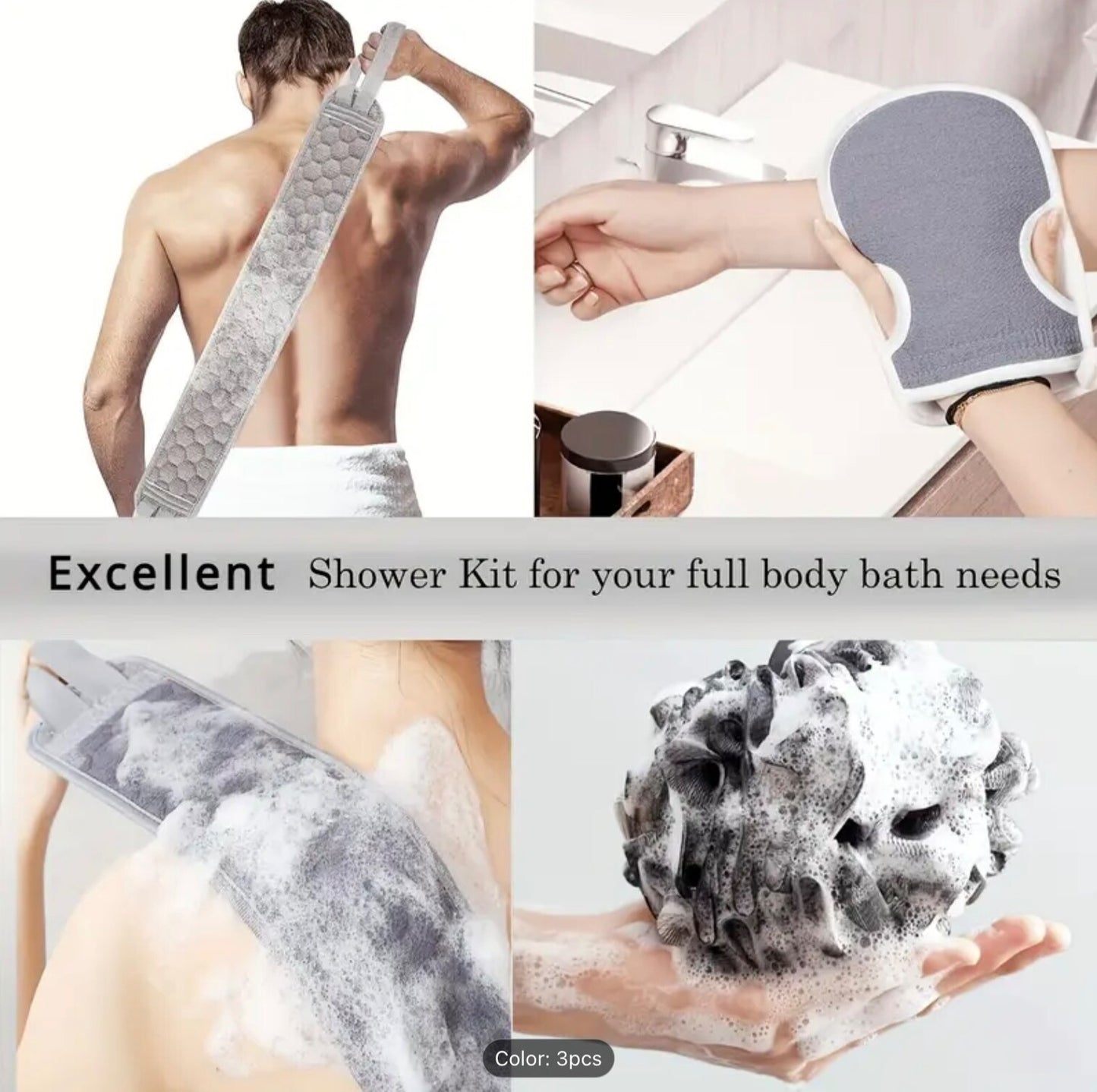 3-Pc Exfoliating Bath Set: Loofah, Glove & Back Scrubber – Spa Shower Essentials