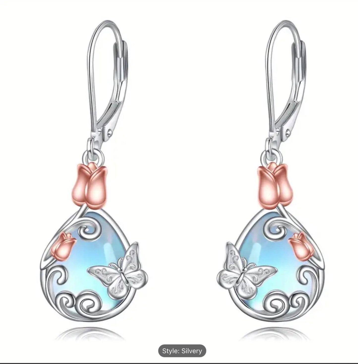 925 Sterling Silver Butterfly Leverback Moonstone Dangle Earrings Women Gift Set
