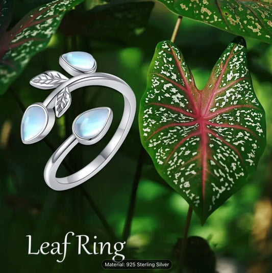 925 Sterling Silver Leaf Moonstone Ring Adjustable Gift Jewellery Women Girls