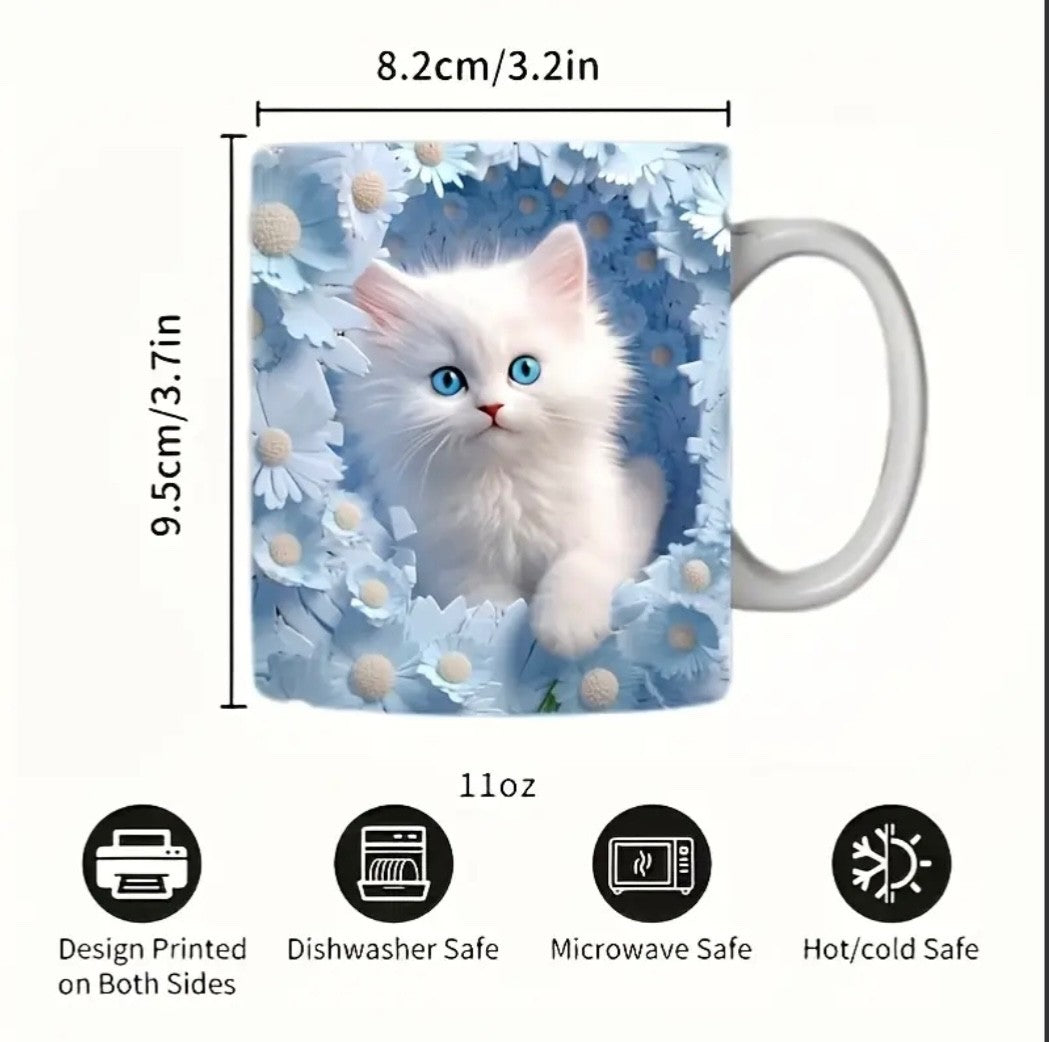 3D Cat Hole in Wall Coffee Mug Tea Cup with Handle Flowers Theme Gift Reusable