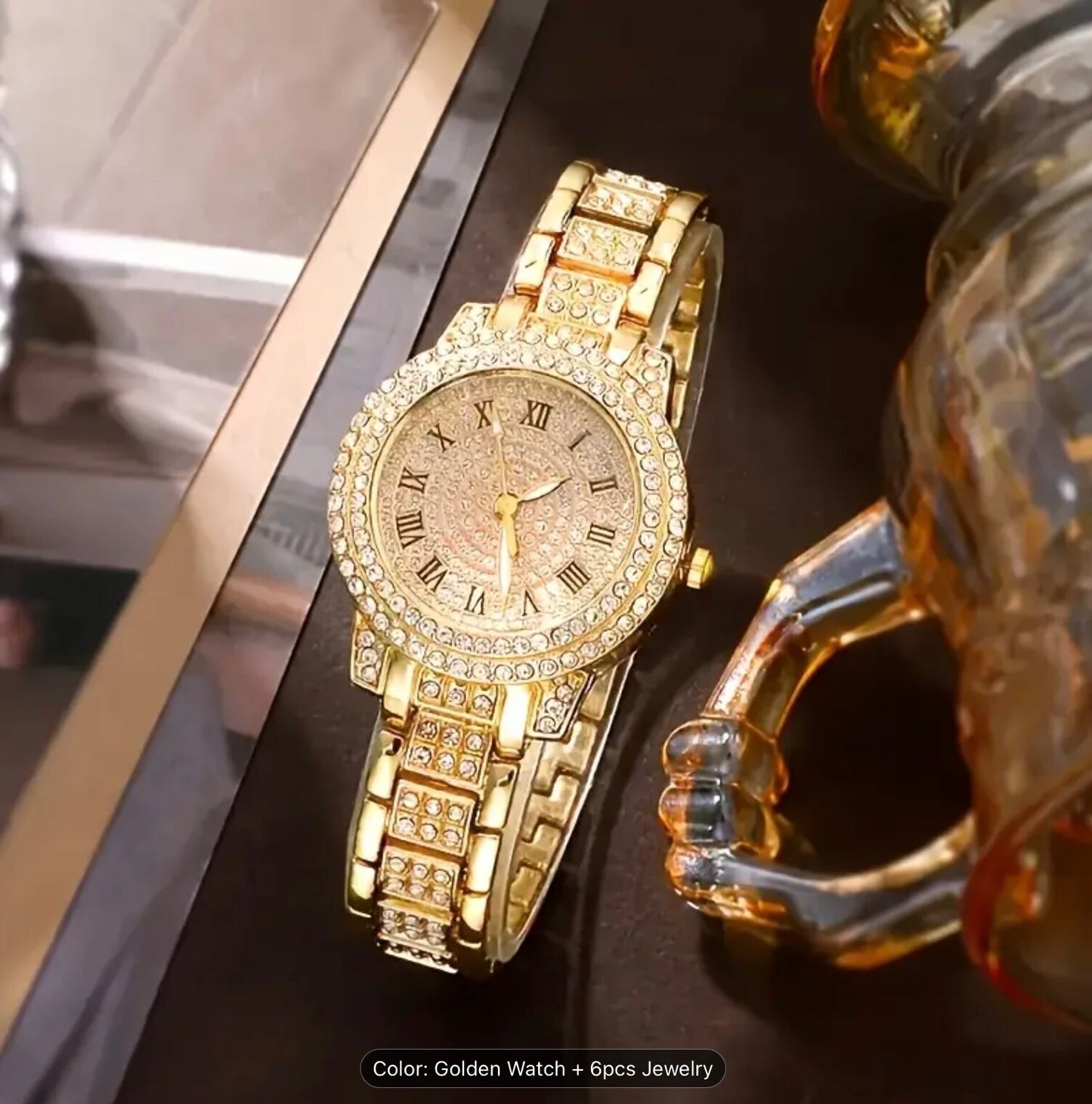 Luxury Women Girls 6pcs Watch- Bracelet & Jewellery Set – Rhinestone Quartz Gift