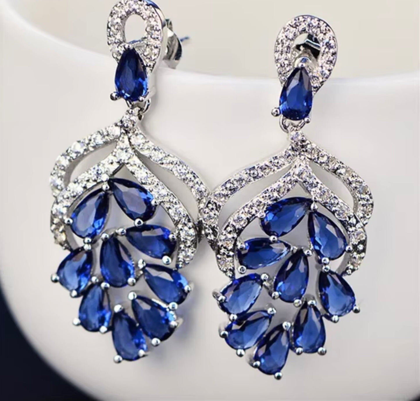 Handmade Grape Flower Drop Earrings 3.5cm Blue Green Cubic Zirconia Bridal Women