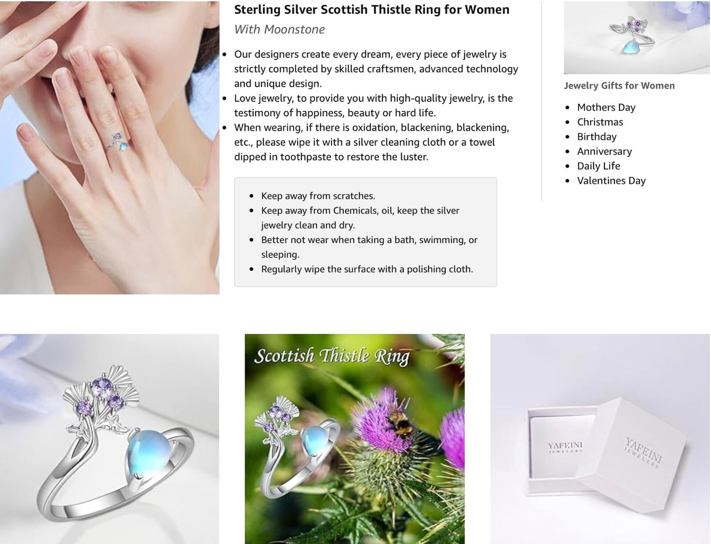 925 Sterling Silver Adjustable Flower Ring Moonstone Women Girls Gift Jewellery