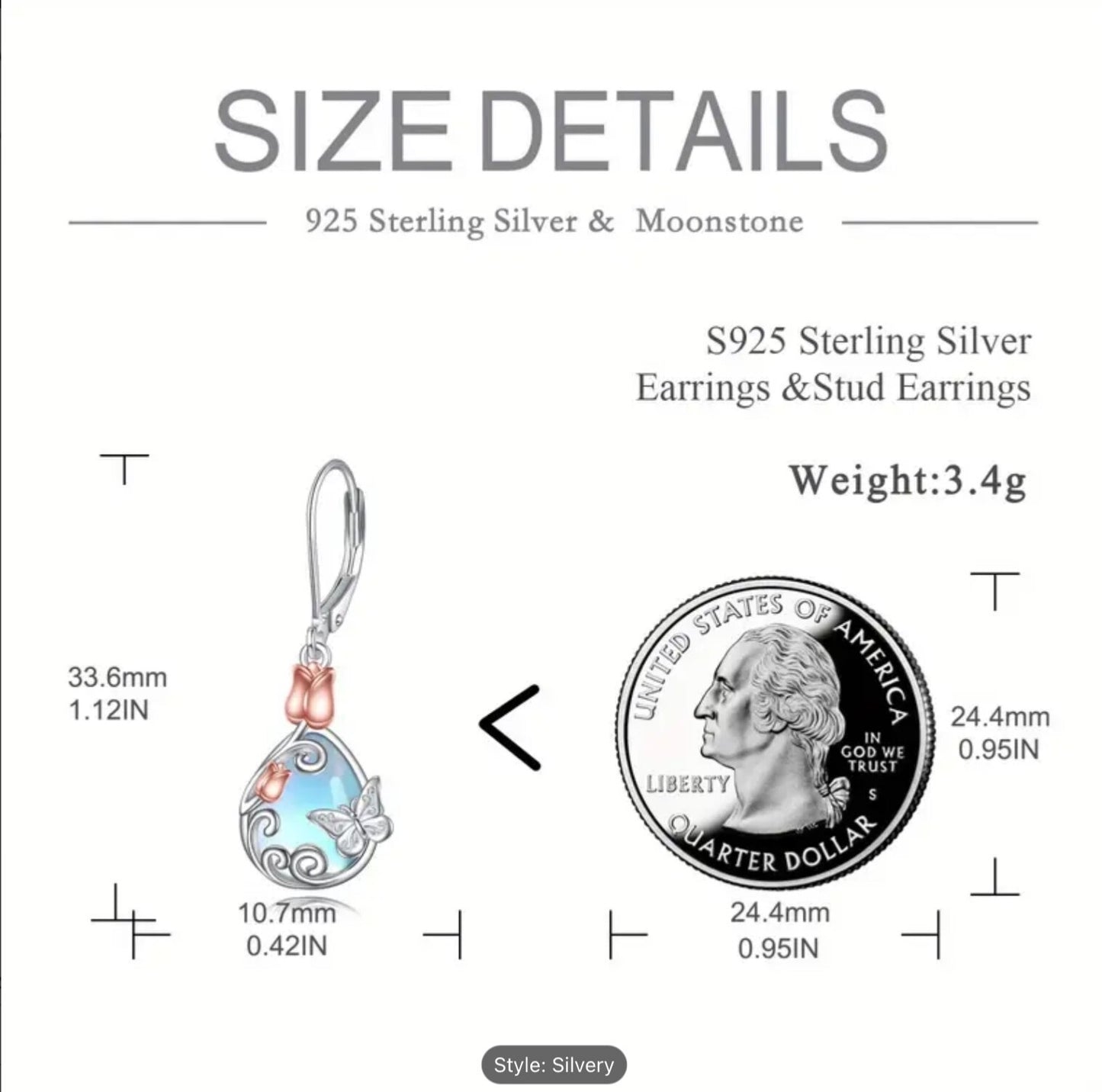 925 Sterling Silver Butterfly Leverback Moonstone Dangle Earrings Women Gift Set