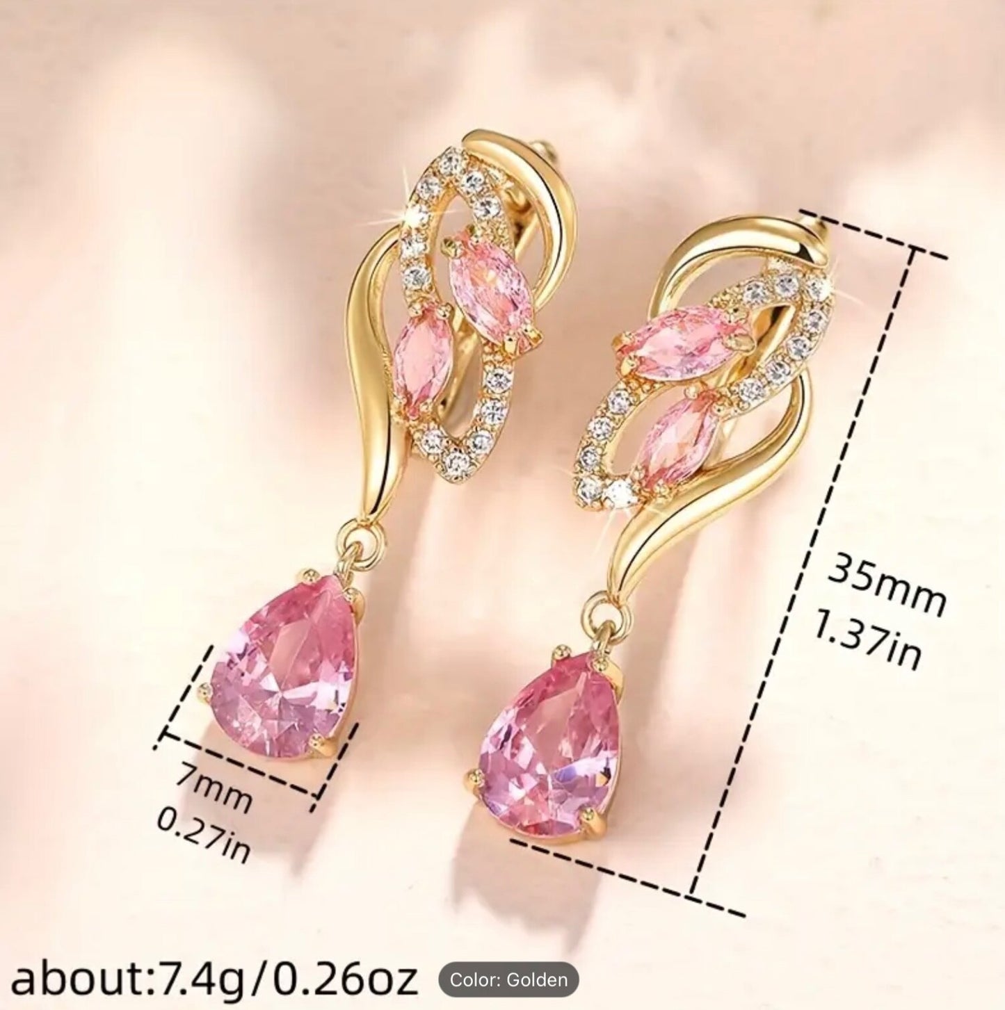 Romantic Pink Teardrop Zirconia Dangle Earrings – Gold-Tone Finish, Party-Gifts