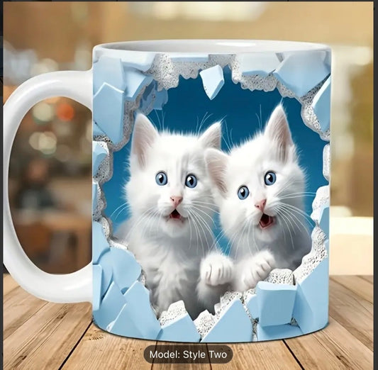 3D Cat Hole in Wall Coffee Mug Tea Cup with Handle Flowers Theme Gift Reusable