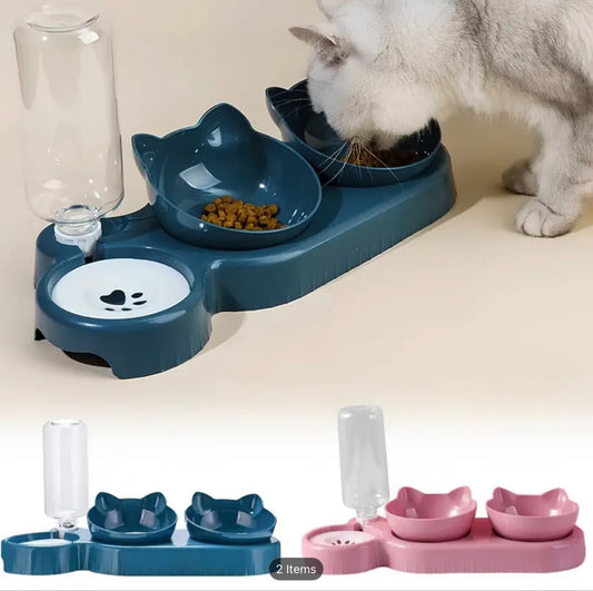 3-in-1 Cat Dog Bowl Set | Feeder, Automatic Water Feeder |2 Free Poo Bags Gift