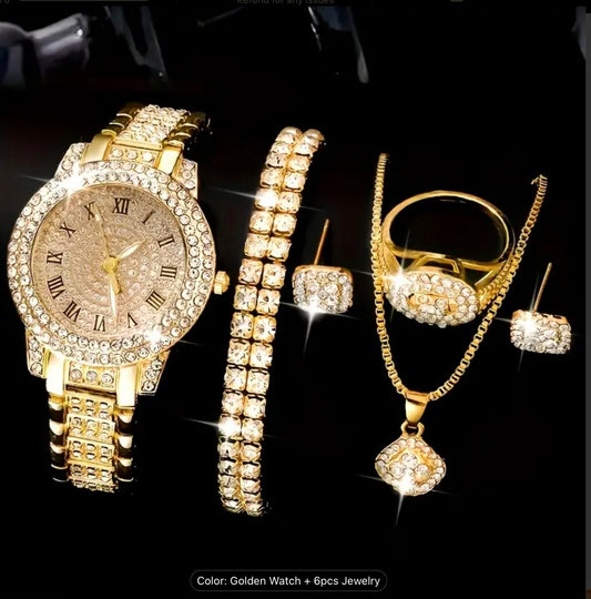 Luxury Women Girls 6pcs Watch- Bracelet & Jewellery Set – Rhinestone Quartz Gift