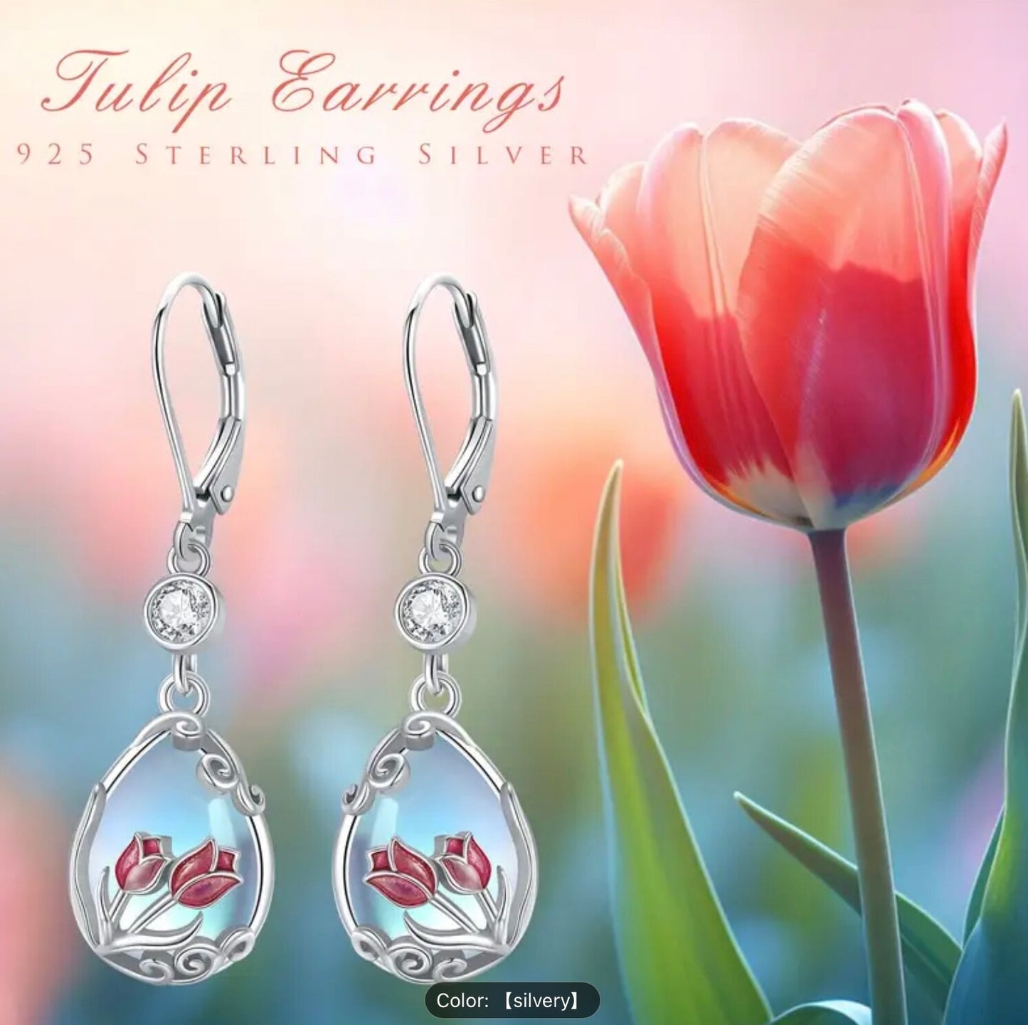 925 Silver Tulip Moonstone Teardrop CZ Dangle Earrings–Hypoallergenic Ideal Gift