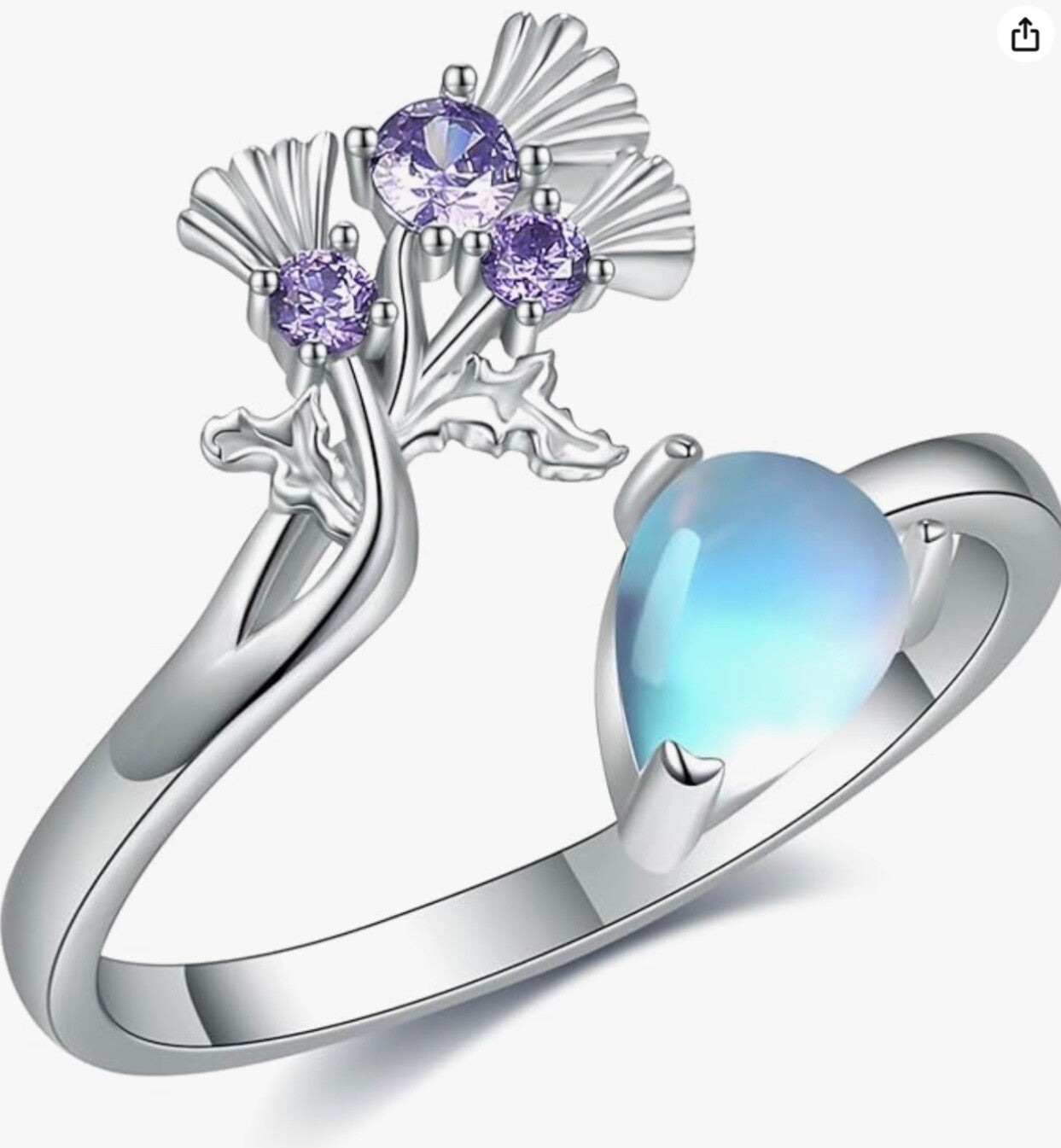 925 Sterling Silver Adjustable Flower Ring Moonstone Women Girls Gift Jewellery