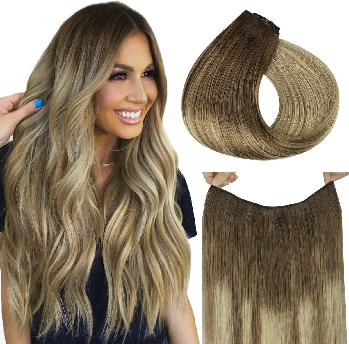 Hotbanana Wire Hair Extensions, 14 Inch 75G Chocolate Brown Fish Line Hair Extensions Real Human Hair Straight Invisible Remy Hair Human Extension hotbanana