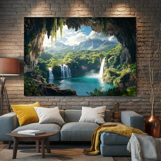 1pc Tropical Forest & Waterfall Party Banner - Vibrant Polyester Backdrop with Lush Greenery, Misty Mountains, and Serene Blue Waters for Home, Room, or Wall Decor - Perfect for All Seasons Photo Props and Party Supplies, Outdoor Deco
