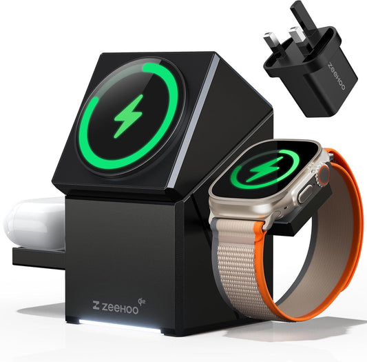 ZEEHOO 3 in 1 Wireless Charging Station for Apple Magsafe Charger Stand, Qi2 Wireless Charger,15W Magnetic Charger Dock for Iphone 16,15,14,13,12, for Apple Watch,Airpods (Black)