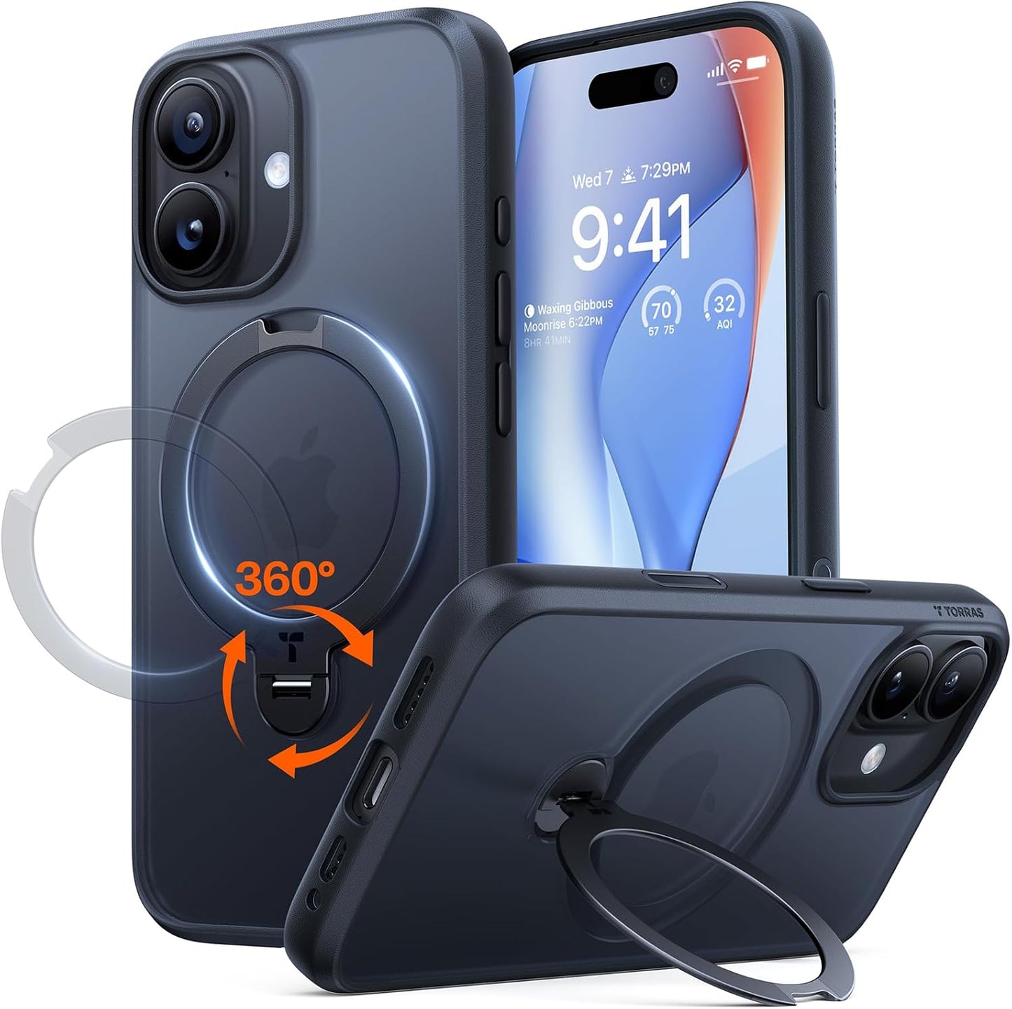TORRAS Ostand Q3 Spin for iPhone 17 Pro Max Case – 360° Rotating Ring Stand, Camera Button Guard, 12FT Drop Protection, MagSafe Compatible, Black Smartphone Casing