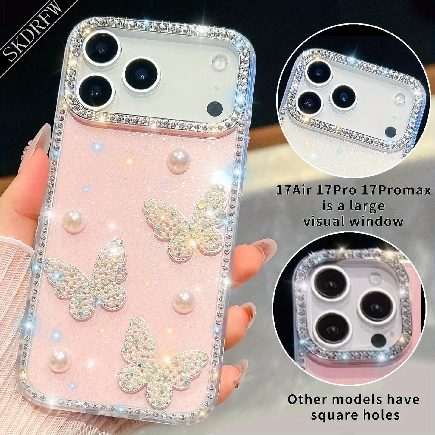 Luxurious Light Luxury Glittering Rhinestone Frame with Three-Dimensional Pearl Butterfly Phone Case for iPhone 17, 17 Air, 17 Pro, 17 Pro Max, 16, 16 Pro, 16 Pro Max, 16 Plus, 15, 15 Pro, 15 Pro Max, 14, 14 Pro, 14 Pro Max, 13, 13 Pro, 13 Pro Max, Phone