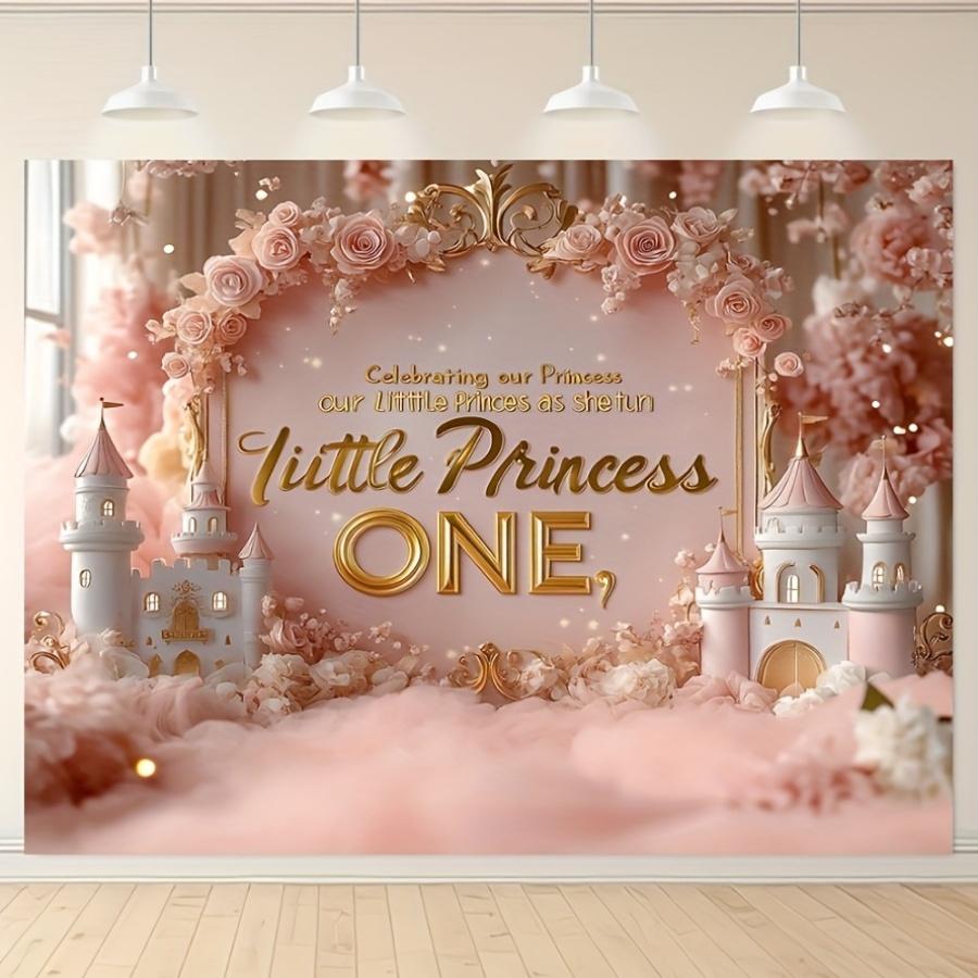 Charming Pink Floral And Castle-Themed Happy Birthday Backdrop - a Durable Vinyl Banner Featuring a 'Little Princess Is One' Design, Perfect for Commemorative Photos, Cake Tables, Outdoor Celebrations, And Birthday Party Decorations.