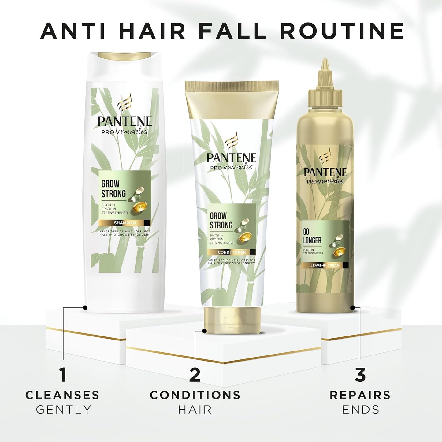 Pantene Grow Strong Shampoo and Conditioner Set and Leave in Cream to Promote Hair Growth. for Dry, Damageed Hair, Helps Reduce Hair Loss, Strengthen and Thicken Hair.