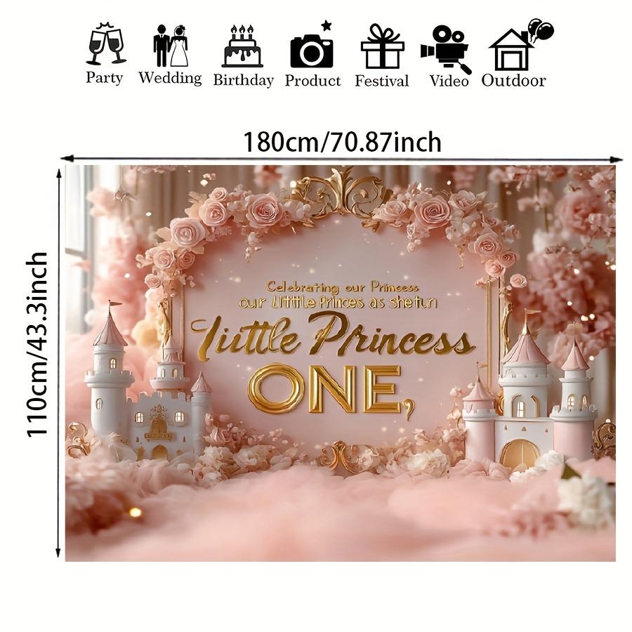 Charming Pink Floral And Castle-Themed Happy Birthday Backdrop - a Durable Vinyl Banner Featuring a 'Little Princess Is One' Design, Perfect for Commemorative Photos, Cake Tables, Outdoor Celebrations, And Birthday Party Decorations.