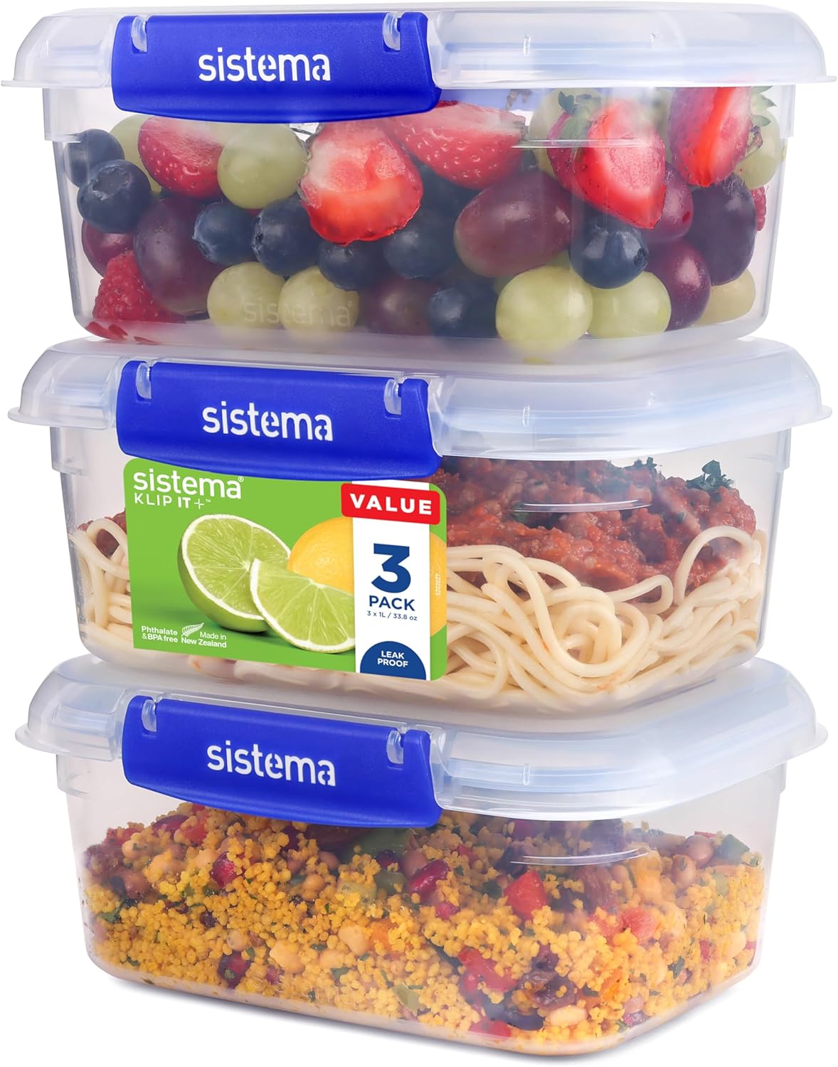 Sistema KLIP IT plus Leakproof Food Storage Containers | 1 L | Airtight, Stackable & Nestable Meal Prep Containers with Lids | School Lunch Boxes | 3 Count Newell Brands