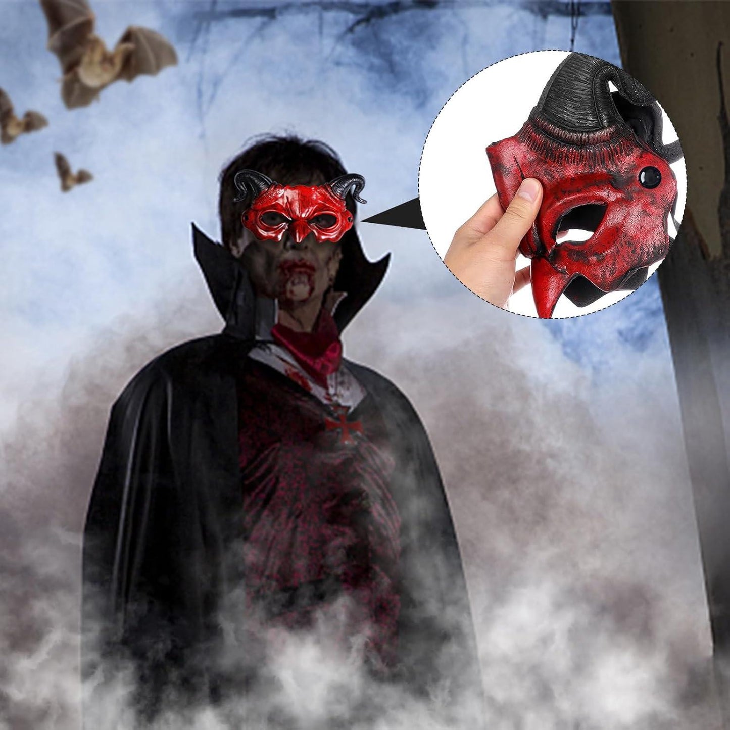 WINUSD Halloween Devil Mask Red Half Face Scary Devil Horn Ghost Mask Halloween Devil Costume Demon Mask for Halloween Masquerade Cosplay Party