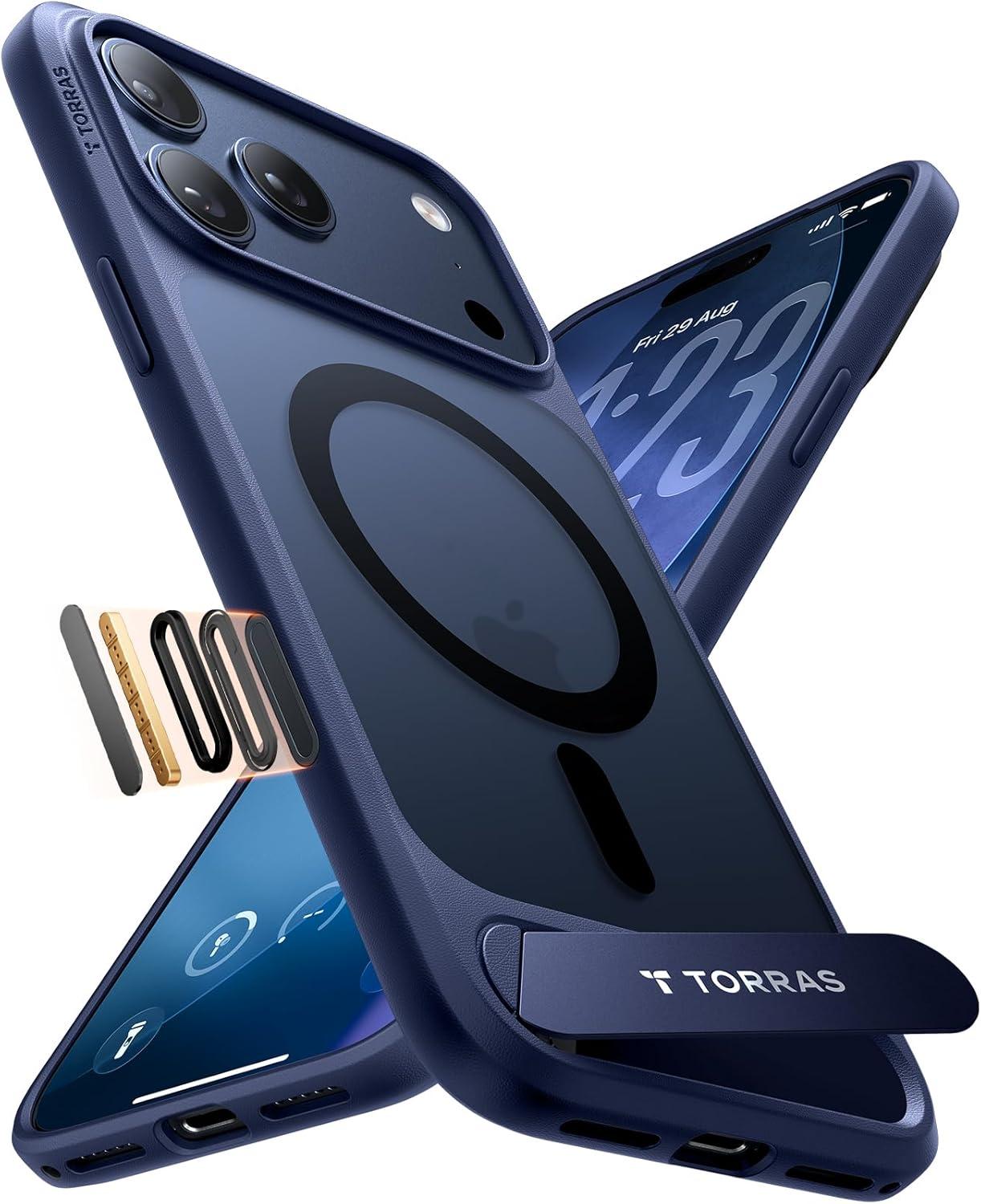 TORRAS Stand for Iphone 17 Pro Max Case – Durable Titanium Stand, Compatible with Magsafe, Camera Button Shield, 12FT Drop Protection for Iphone 17 Pro Max Cover – Navy Blue