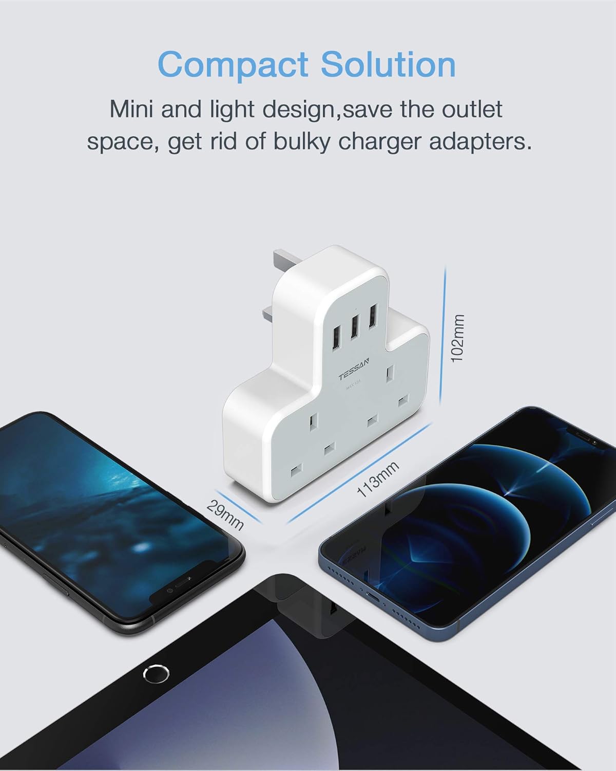 Plug Adapter with 3 USB Ports, TESSAN Double Plug Adaptor UK, 2 Way Multiplug Extension with USB Charger, Slim Power Extender for Kitchen, Office, School Supplies