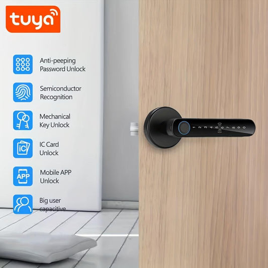 1pc Smart Door Lock with Multiple Unlocking Methods - Fingerprint/Password/Card/Key/APP Control, Can Check the Door Lock Status and Unlocking Record, Built-in Emergency Power Supply with 4*AAA Batteries(Not Included) for Home Security System