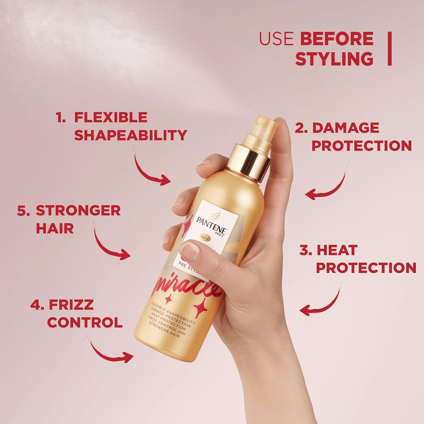 Pantene Heat Protection Spray, Leave in Conditioner, 5-In-1, 200Ml, Styling Hairspray, Primer, Shaping, Protecting and Nourishing Hair Treatment