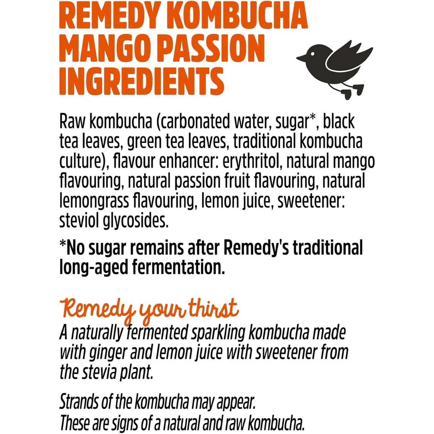 Remedy Kombucha Mango Passion Sparkling Live Cultured Soft Drink 12 x 250ml No Sugar Probiotic for Gut Health Natural Fruity Taste