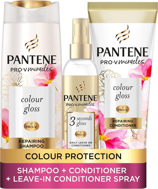 Pantene Colour Shampoo and Conditioner Set + Leave-In Conditioner Spray with Biotin and Niacinamide, Transform Damaged Coloured Hair from Dull to Glossy in 1 Use, 400/275 / 145Ml