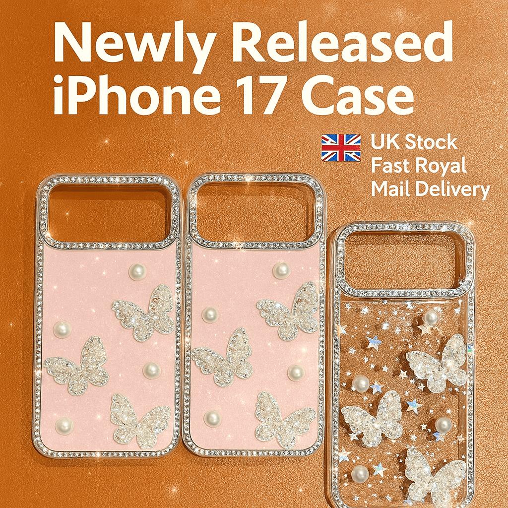 Luxurious Light Luxury Glittering Rhinestone Frame with Three-Dimensional Pearl Butterfly Phone Case for iPhone 17, 17 Air, 17 Pro, 17 Pro Max, 16, 16 Pro, 16 Pro Max, 16 Plus, 15, 15 Pro, 15 Pro Max, 14, 14 Pro, 14 Pro Max, 13, 13 Pro, 13 Pro Max, Phone