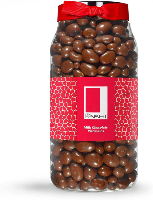 Rita Farhi Milk Chocolate Coated Pistachios in a Luxury Gift Jar 780G - New Palm Oil Free Recipe