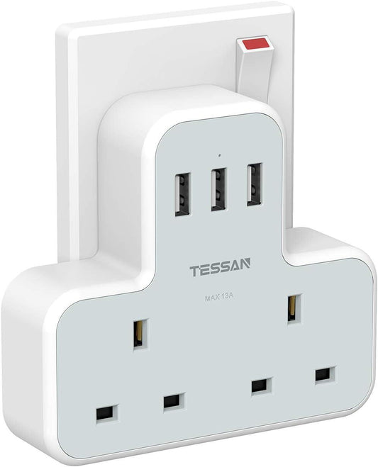 Plug Adapter with 3 USB Ports, TESSAN Double Plug Adaptor UK, 2 Way Multiplug Extension with USB Charger, Slim Power Extender for Kitchen, Office, School Supplies