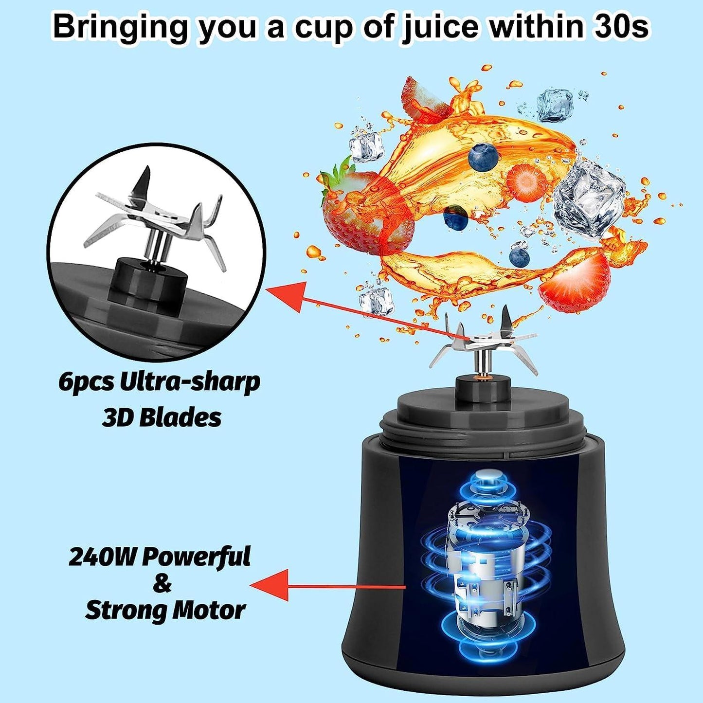 600Ml Portable Blender USB Rechargeable, TOPESCT Waterproof Personal Blender for Shakes and Smoothies, 270W Strong Cutting Power with 6Pcs 3D Blades for Travel, Office & Sports (Black)