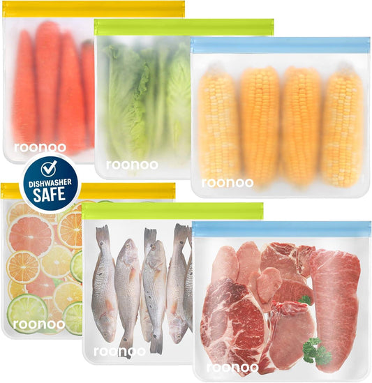 Roonoo 6 Pack Dishwasher Safe Reusable Gallon Freezer Bags Food Storage Bags, Extra Thick Leakproof Silicone & Plastic Free Ziplock Bags for Meal Prep, Fruits, Sandwich, Snack, Travel Items roonoo