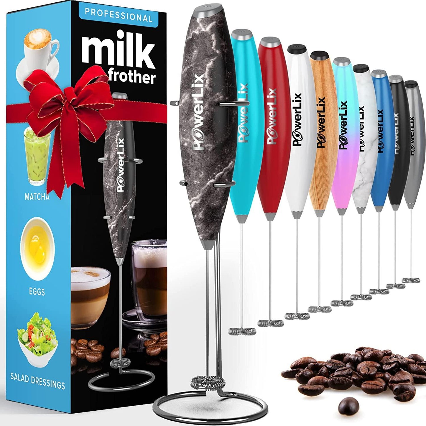 Powerlix Milk Frother Handheld Whisk - Electric Milk Frother Foamer with Stainless Steel Stand,15-20S, Powerful 19000Rpm, Mini Drink Mixer Coffee Frother for Latte, Cappuccino, Hot Chocolate POWERLIX