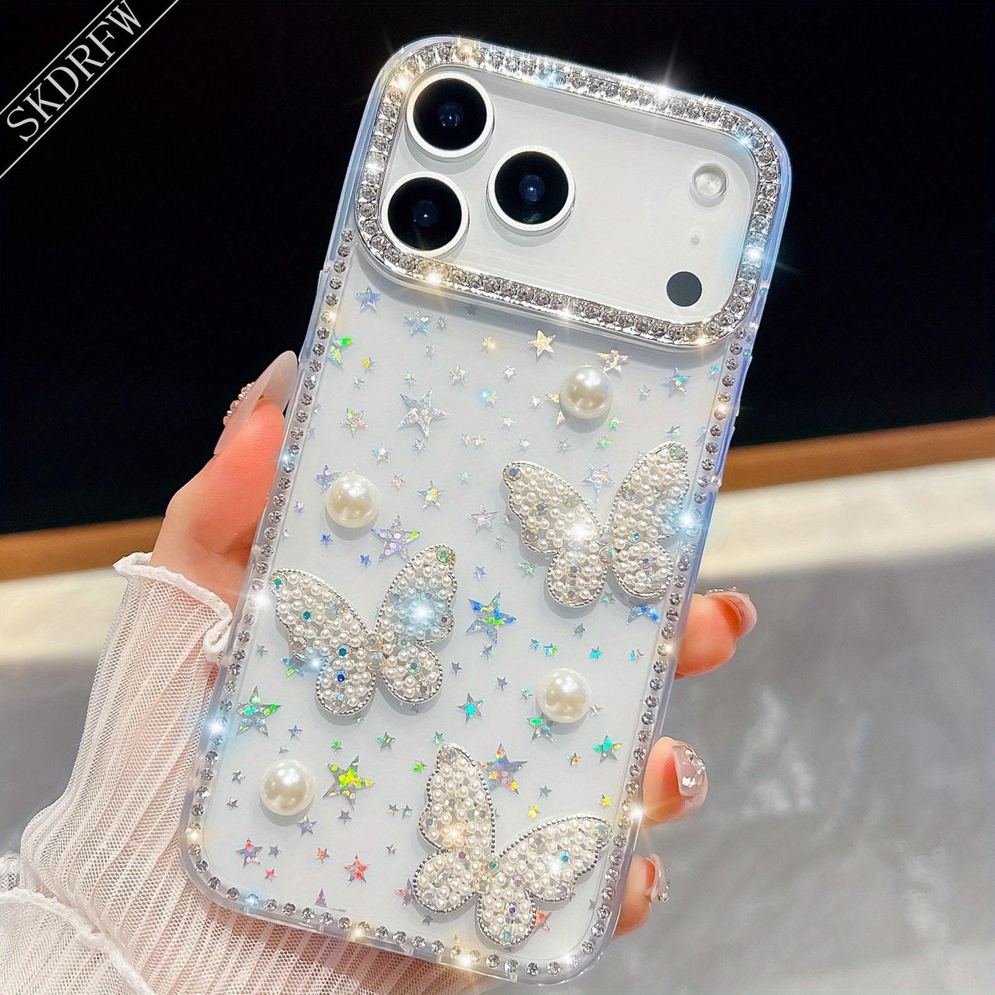 Luxurious Light Luxury Glittering Rhinestone Frame with Three-Dimensional Pearl Butterfly Phone Case for iPhone 17, 17 Air, 17 Pro, 17 Pro Max, 16, 16 Pro, 16 Pro Max, 16 Plus, 15, 15 Pro, 15 Pro Max, 14, 14 Pro, 14 Pro Max, 13, 13 Pro, 13 Pro Max, Phone