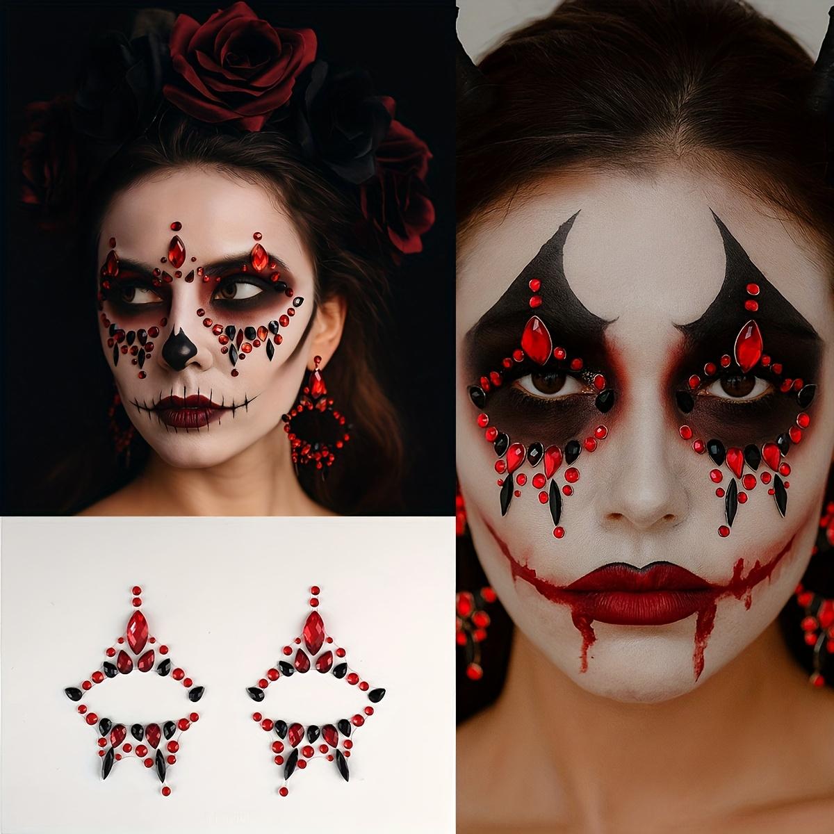 Sparkling Red Rhinestone Temporary Tattoo Patch Easy to Apply & Remove Long Lasting Adhesive for Halloween Costume Parties Gothic Makeup Reusable Face Decoration for DIY Beauty Looks Festival Accessories