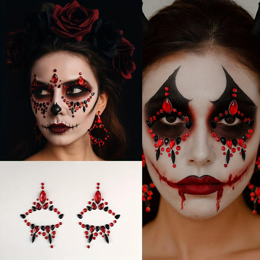 Sparkling Red Rhinestone Temporary Tattoo Patch Easy to Apply & Remove Long Lasting Adhesive for Halloween Costume Parties Gothic Makeup Reusable Face Decoration for DIY Beauty Looks Festival Accessories