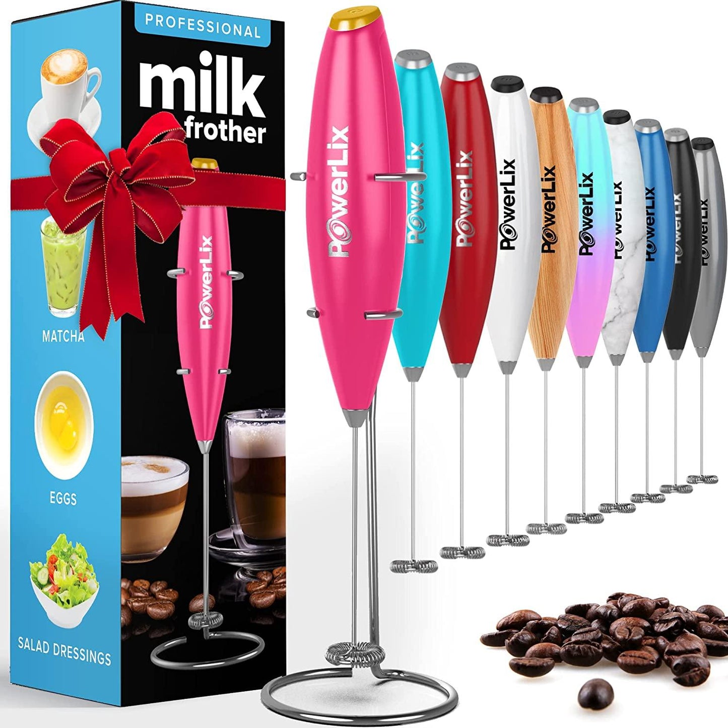 Powerlix Milk Frother Handheld Whisk - Electric Milk Frother Foamer with Stainless Steel Stand,15-20S, Powerful 19000Rpm, Mini Drink Mixer Coffee Frother for Latte, Cappuccino, Hot Chocolate POWERLIX