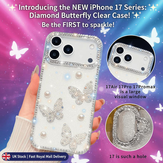 Luxurious Light Luxury Glittering Rhinestone Frame with Three-Dimensional Pearl Butterfly Phone Case for iPhone 17, 17 Air, 17 Pro, 17 Pro Max, 16, 16 Pro, 16 Pro Max, 16 Plus, 15, 15 Pro, 15 Pro Max, 14, 14 Pro, 14 Pro Max, 13, 13 Pro, 13 Pro Max, Phone