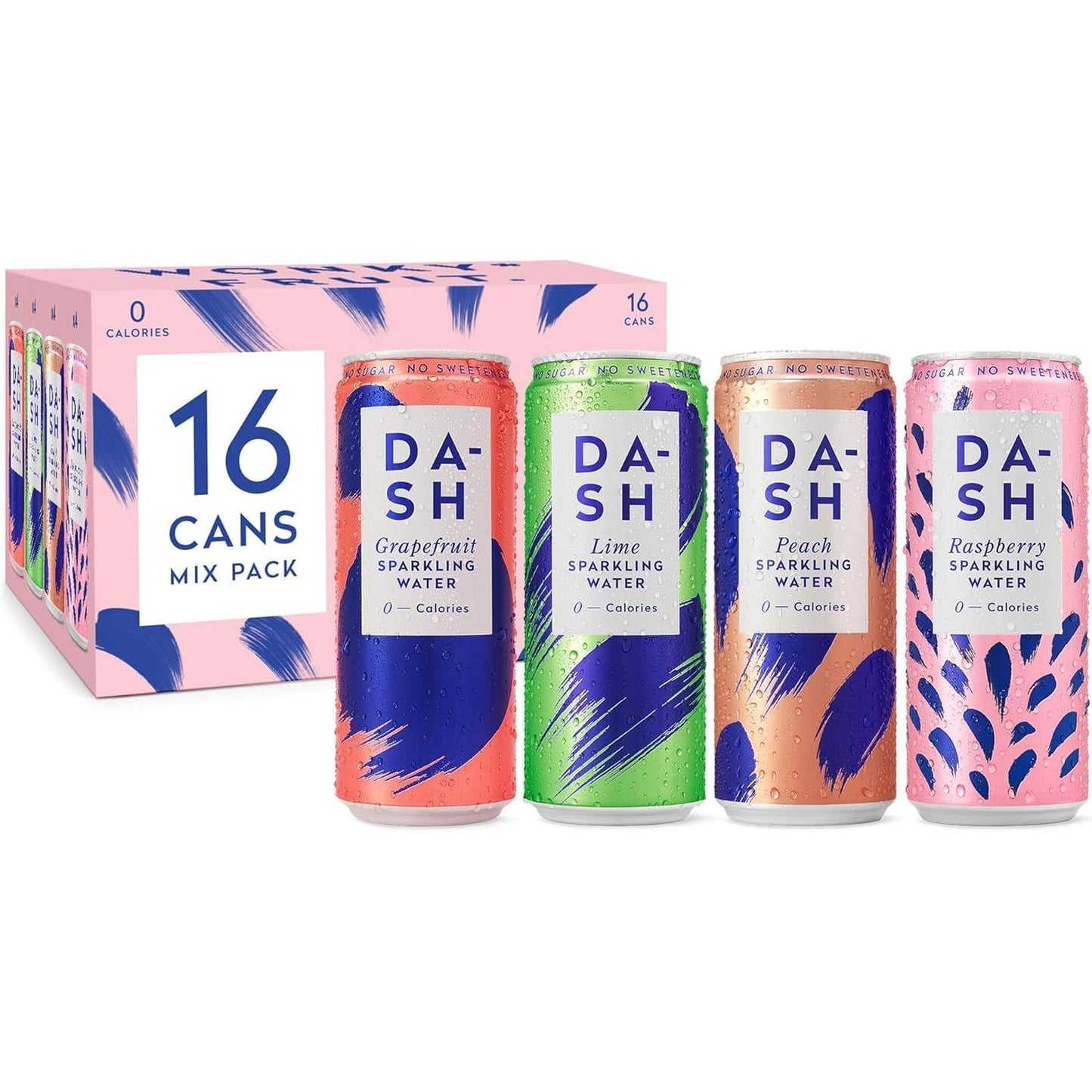 DASH Water Mixed Pack X 16 – Flavoured Sparkling Spring Water – Raspberry, Lime, Grapefruit, Peach – Infused with Wonky Fruit (16 X 330Ml Cans) Dash